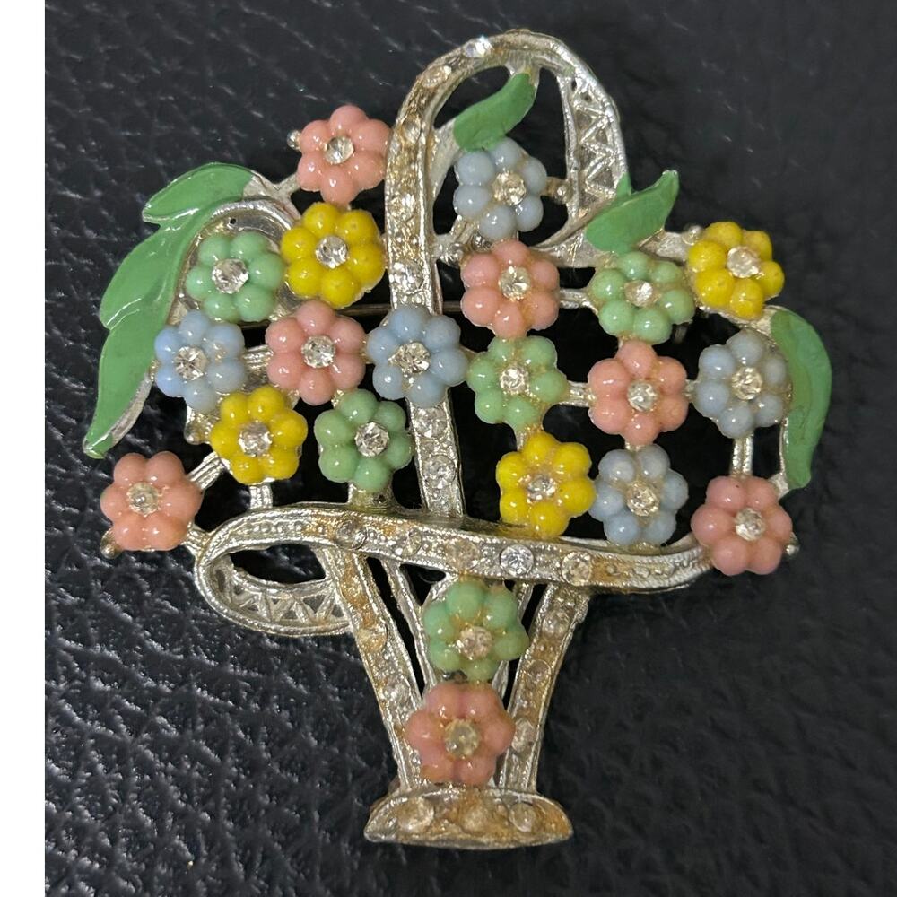 Vintage Basket of Flowers Brooch Celluloid Multi-colored Flowers MCM HTF